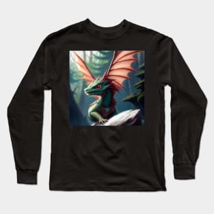 Baby Green Dragon with Pink Wings in the Woods Long Sleeve T-Shirt